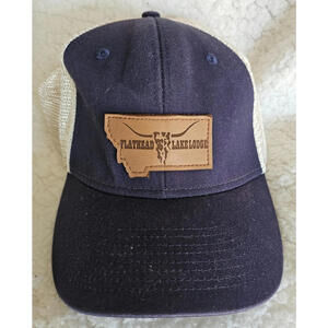 Flathead Lake Lodge Montana Trucker Hat Blue Beige One Size Adjustable Strapback
